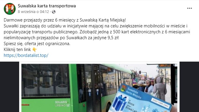 Fałszywy wpis oferujący darmowe przejazdy suwalską komunikacją miejską, źródło: Facebook